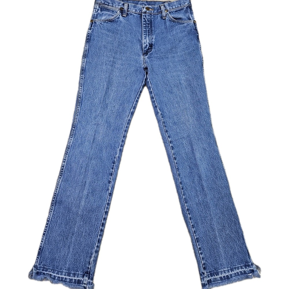 Vintage Wrangler Jeans Cowboy Bootcut Mens 32x34 Blue Slim Fit Denim USA Raw Hem